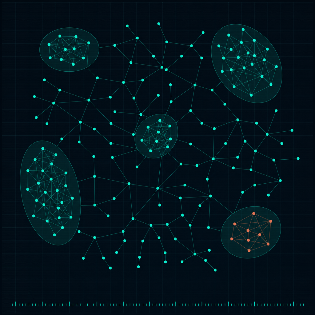 Coordinated information networks shown as a sparse hypergraph: filled circles for actors, translucent ellipses grouping coordinated behaviour